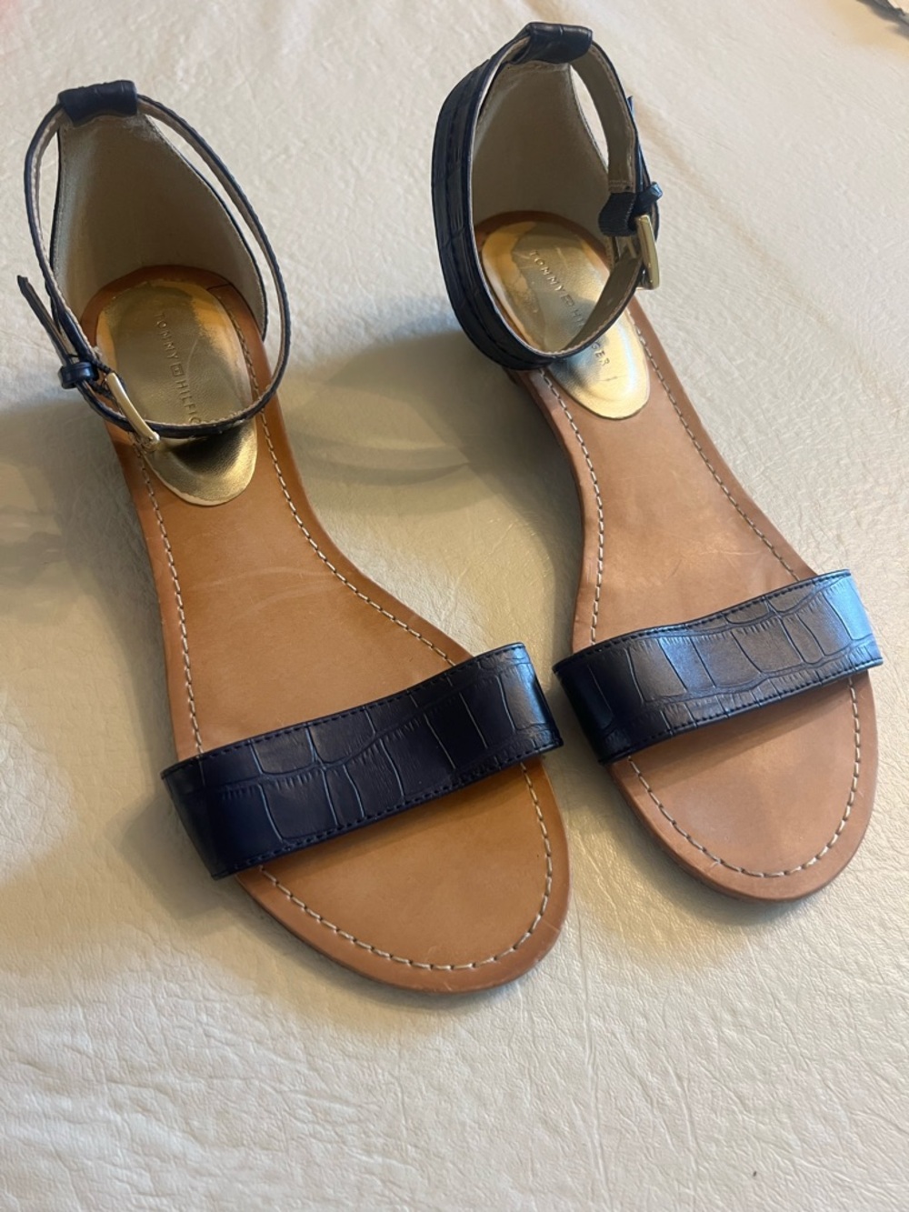 Tommy Hilfiger Navy Croc-Embossed Ankle-Strap Sandals - Picture 3 of 8